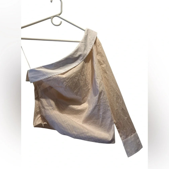 Express one shoulder poplin pink white stripe shirt - Picture 1 of 6